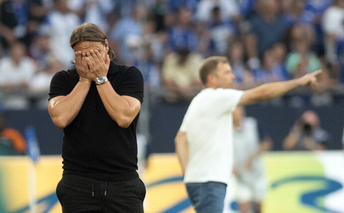 Gladbachs Trainer Daniel Farke (l) reagiert auf die Elfmeterentscheidung des Schiedsrichters.