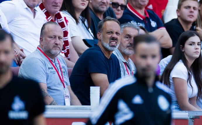 Stuttgarts Trainer Pellegrino Matarazzo (r) musste wegen einer Roten Karte das Spiel gegen Schalke auf der Tribüne verfolgen.