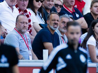 Stuttgarts Trainer Pellegrino Matarazzo (r) musste wegen einer Roten Karte das Spiel gegen Schalke auf der Tribüne verfolgen. Stuttgarts Trainer Pellegrino Matarazzo (r) musste wegen einer Roten Karte das Spiel gegen Schalke auf der Tribüne verfolgen.