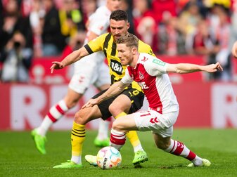 Die Kölner um Torschütze Florian Kainz (r) feierten einen Heimsieg gegen den BVB. Die Kölner um Torschütze Florian Kainz (r) feierten einen Heimsieg gegen den BVB.
