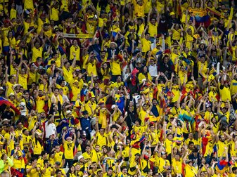 Ecuador-Fans feiern beim Eröffnungsspiel gegen Katar im Al-Bait Stadion. Ecuador-Fans feiern beim Eröffnungsspiel gegen Katar im Al-Bait Stadion.