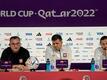 Polens Trainer Czeslaw Michniewicz (l-r), Torwart Wojciech Szczesny und Grzegorz Krychowiak bei einer Pressekonferenz in Doha.