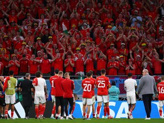 Die Spieler von Wales verabschieden sich nach dem Spiel gegen England von den Fans. Die Spieler von Wales verabschieden sich nach dem Spiel gegen England von den Fans.