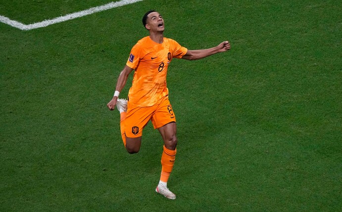 Der Niederländer Cody Gakpo feiert den Führungstreffer seiner Mannschaft gegen Katar.