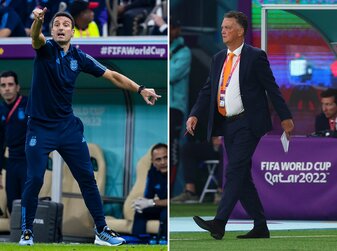 Die zweiteilige Bildkombo zeigt die Trainer der Nationalmannschaften aus Argentinien, Lionel Scaloni (l) und aus den Niederlanden, Louis Van Gaal. Die zweiteilige Bildkombo zeigt die Trainer der Nationalmannschaften aus Argentinien, Lionel Scaloni (l) und aus den Niederlanden, Louis Van Gaal.