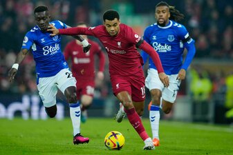 Cody Gakpo (M) traf beim Liverpool-Sieg gegen Everton zum 2:0. Cody Gakpo (M) traf beim Liverpool-Sieg gegen Everton zum 2:0.