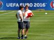Die letzten taktischen Finessen werden im Verborgenen ausgetüftelt: Bundestrainer Joachim Löw (l) berät sich mit Assistent Thomas Schneider. Foto: Christian Charisius