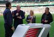 Bayerns Vorstandsvorsitzender Oliver Kahn (2.v.l,), steht neben Sky-Moderator Sebastian Hellmann (l-r), Sky-Expertin Julia Simic und Sky-Experte Lothar Matthäus.