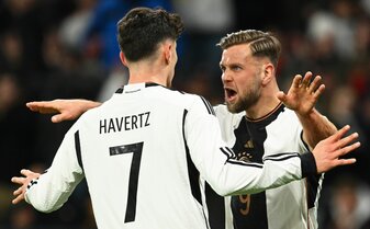 Bilden gegen die Ukraine die deutsche Offensivspitze: Niclas Füllkrug (r) und Kai Havertz. Bilden gegen die Ukraine die deutsche Offensivspitze: Niclas Füllkrug (r) und Kai Havertz.
