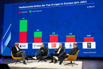 Moderator Hagen Boßdorf (l) spricht bei einer Podiumsrunde mit (v.l.) Oliver Mintzlaff, Vorsitzender der Geschäftsführung von RB Leizpig, Carsten Cramer, Mitgeschäftsführer von Borussia Dortmund, Moderator Hagen Boßdorf (l) spricht bei einer Podiumsrunde mit (v.l.) Oliver Mintzlaff, Vorsitzender der Geschäftsführung von RB Leizpig, Carsten Cramer, Mitgeschäftsführer von Borussia Dortmund,