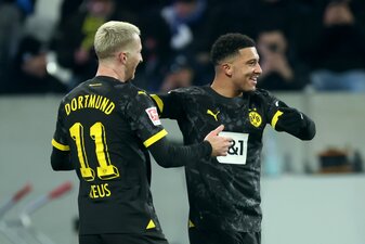 Als wäre er nie weg gewesen: Jadon Sancho (r.) jubelt mit Marco Reus. Foto: Alex Grimm/Getty Images Als wäre er nie weg gewesen: Jadon Sancho (r.) jubelt mit Marco Reus. Foto: Alex Grimm/Getty Images