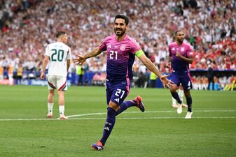 DFB-Kapitän Ilkay Gündogan jubelt nach seinem Tor zum 2:0 gegen Ungarn. DFB-Kapitän Ilkay Gündogan jubelt nach seinem Tor zum 2:0 gegen Ungarn.