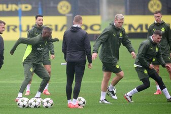 Die zuletzt angeschlagenen Pascal Groß (rechts) und Niklas Süle (2. v. rechts) nehmen am Abschlusstraining teil. Die zuletzt angeschlagenen Pascal Groß (rechts) und Niklas Süle (2. v. rechts) nehmen am Abschlusstraining teil.