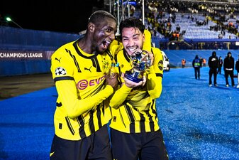 Serhou Guirassy herzt Dortmunds Champions-League-Matchwinner Bensebaini Serhou Guirassy herzt Dortmunds Champions-League-Matchwinner Bensebaini