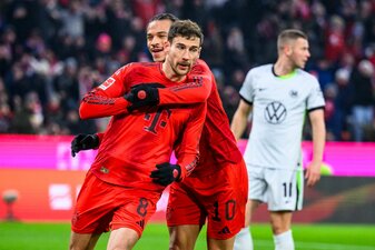 Zweifacher Torschütze: Leon Goretzka jubelt nach seinem 3:1 mit Leroy Sané. Zweifacher Torschütze: Leon Goretzka jubelt nach seinem 3:1 mit Leroy Sané.