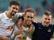 Die Leipziger Rani Khedira, Yussuf Poulsen und Joshua Kimmich in der Saison 2014/2015. Foto: Hendrik Schmidt
