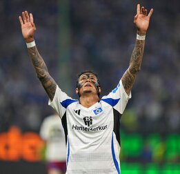 HAMBURG, GERMANY - MAY 10: Davie Selke of Hamburger SV celebrates scoring his team's third goal during the Second Bundesliga match between Hamburger SV and SSV Ulm 1846 at Volksparkstadion on May 10, HAMBURG, GERMANY - MAY 10: Davie Selke of Hamburger SV celebrates scoring his team's third goal during the Second Bundesliga match between Hamburger SV and SSV Ulm 1846 at Volksparkstadion on May 10,