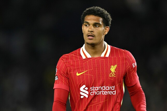 BRIGHTON, ENGLAND - MAY 19: Jarell Quansah of Liverpool looks o during the Premier League match between Brighton &amp; Hove Albion FC and Liverpool FC at Amex Stadium on May 19, 2025 in Brighton, Engl