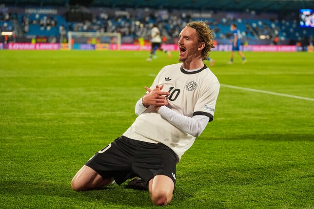 NITRA, SLOVAKIA - JUNE 12: Nick Woltemade of U21 Germany celebrates after scoring the team's second goal during the UEFA European Under-21 Championship 2025 Group Stage match between Germany and Slove
