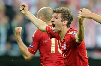 Thomas Müller jubelt über sein Tor zum 1:0 im Champions-League-Finale 2012 gegen Chelsea. Thomas Müller jubelt über sein Tor zum 1:0 im Champions-League-Finale 2012 gegen Chelsea.