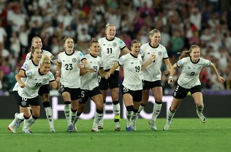 BASEL, SWITZERLAND - JULY 19: Players of Germany celebrate after Ann-Katrin Berger of Germany (not pictured) saves the seventh penalty from Alice Sombath of France (not pictured) in the penalty shoot BASEL, SWITZERLAND - JULY 19: Players of Germany celebrate after Ann-Katrin Berger of Germany (not pictured) saves the seventh penalty from Alice Sombath of France (not pictured) in the penalty shoot