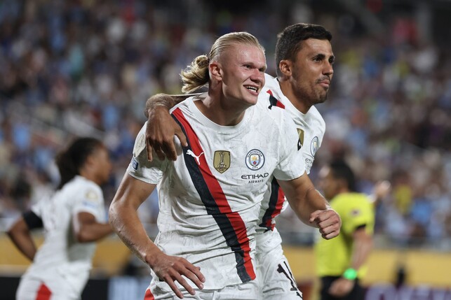ORLANDO, FLORIDA - JUNE 30: Erling Haaland #9 of Manchester City celebrates scoring his team's second goal with Rodri #16 during the FIFA Club World Cup 2025 round of 16 match between Manchester City 
