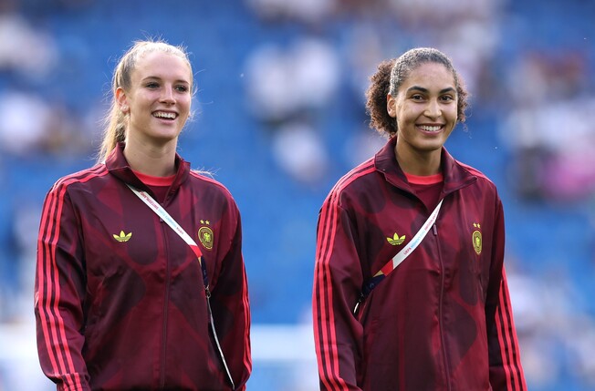 BASEL, SWITZERLAND - JULY 19: Ena Mahmutovic and Cora Zicai of Germany inspect the pitch prior to the UEFA Women's EURO 2025 Quarter-Final match between France and Germany at St. Jakob-Park on July 19