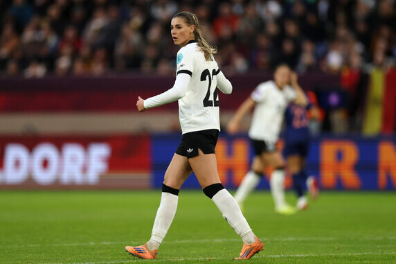 DUSSELDORF, GERMANY - OCTOBER 24: Jule Brand of Germany looks on during the Women's Nations League 2025 Semi-Final first leg match between Germany and France at Düsseldorf Arena on October 24, 2025 i