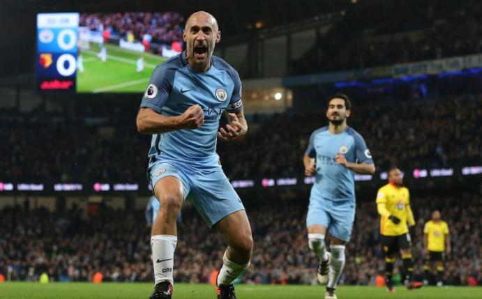 Pablo Zabaleta feiert seinen Treffer für Manchester City im Spiel gegen Watford. Foto: Nigel Roddis
<br>dpa-infocom GmbH