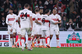 BREMEN, GERMANY - DECEMBER 14: Players of VfB Stuttgart celebrate their side's third goal Selim Sudheimer/Getty Images