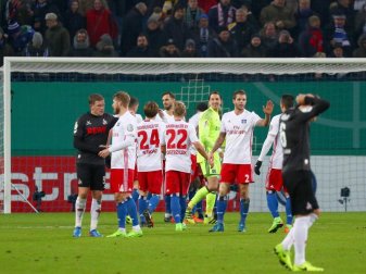 Die HSV-Spieler stehen nach dem Sieg über Köln auf dem Platz und feiern ihren Erfolg. Foto: Christian Charisius Die HSV-Spieler stehen nach dem Sieg über Köln auf dem Platz und feiern ihren Erfolg. Foto: Christian Charisius