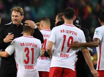 In der Hinrunde begann für RB Leipzig mit dem Spiel gegen Augsburg eine Serie von Siegen: Trainer Ralph Hasenhüttl (l) freut sich mit der Mannschaft. Foto: Hendrik Schmidt In der Hinrunde begann für RB Leipzig mit dem Spiel gegen Augsburg eine Serie von Siegen: Trainer Ralph Hasenhüttl (l) freut sich mit der Mannschaft. Foto: Hendrik Schmidt