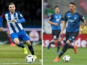 Hertha hofft auf Tor von Vedad Ibisevic (l); Hoffenheim setzt auf Sandro Wagner. Foto: Thomas Eisenhuth Hertha hofft auf Tor von Vedad Ibisevic (l); Hoffenheim setzt auf Sandro Wagner. Foto: Thomas Eisenhuth