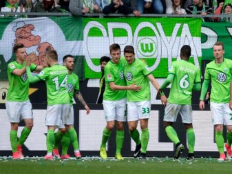 Die Wolfsburger bejubeln den Treffer von Mario Gomez (5.v.l) zum 3:0 gegen den FC Ingolstadt. Foto: Peter Steffen Die Wolfsburger bejubeln den Treffer von Mario Gomez (5.v.l) zum 3:0 gegen den FC Ingolstadt. Foto: Peter Steffen