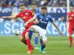 Der Schalker Daniel Caligiuri (r) und Leipzigs Kapitän Willi Orban kämpfen um den Ball. Foto: Ina Fassbender