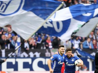 Der Schalker Torschütze Klaas Jan Huntelaar (r) jubelt mit Sead Kolasinac über den Treffer zum 1:1 gegen Leipzig. Foto: Ina Fassbender Der Schalker Torschütze Klaas Jan Huntelaar (r) jubelt mit Sead Kolasinac über den Treffer zum 1:1 gegen Leipzig. Foto: Ina Fassbender