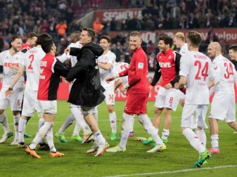 Die Kölner Spieler feiern ausgelassen den 4:3-Sieg gegen Bremen. Foto: Rolf Vennenbernd Die Kölner Spieler feiern ausgelassen den 4:3-Sieg gegen Bremen. Foto: Rolf Vennenbernd