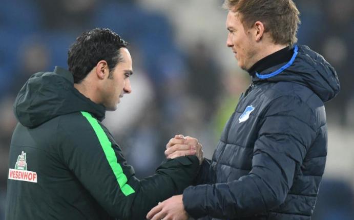 Für den Einzug mit Hoffenheim in die Champions League braucht Trainer Julian Nagelsmann (r) Schützenhilfe von Werder Bremen und Alexander Nouri. Foto: Uwe Anspach