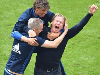 HSV-Trainer Markus Gisdol (r) jubelt über den Klassenverbleib der Hamburger. Foto: Carmen Jaspersen