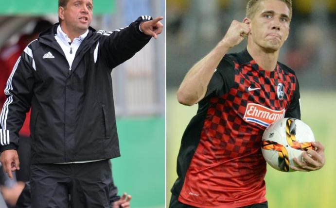 Familientreffen im DFB-Pokal: Trainer Andreas Petersen (l) trifft mit dem BSV Rehden auf den SC Freiburg mit Sohn Nils Petersen. Foto: dpa
