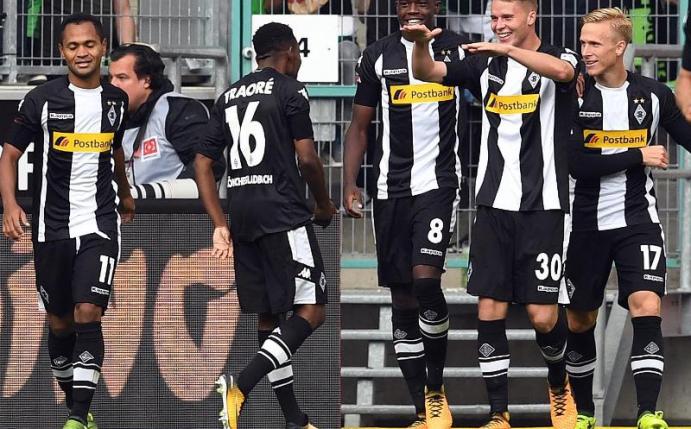 Borussia Mönchengladbach gewann das Derby gegen den 1. FC Köln dank Nico Elvedi (2.v.r.) mit 1:0. Foto: Federico Gambarini