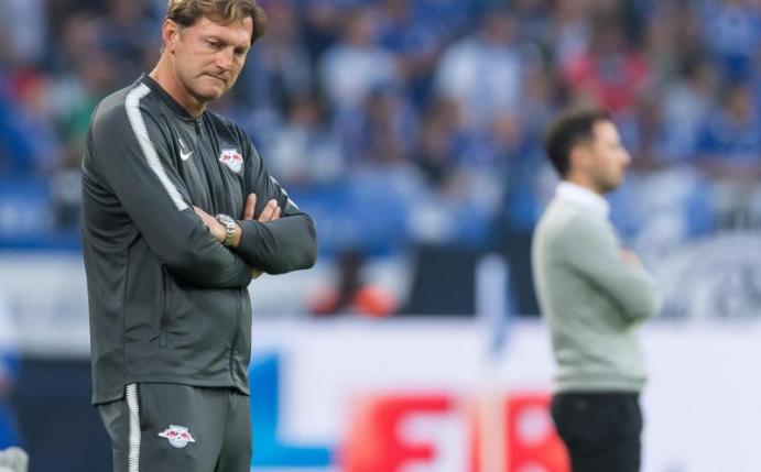 Enttäuscht: RB-Coach Ralph Hasenhüttl (l) beim 0:2 seiner Mannschaft auf Schalke. Foto: Guido Kirchner