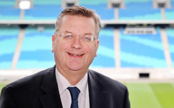DFB-Präsident Reinhard Grindel in der Red-Bull-Arena in Leipzig. Foto: Jan Woitas