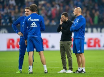 Schalkes Trainer Domenico Tedesco (2.v.r.) steht nach dem Spiel mit seinen Co-Trainern enttäuscht auf dem Platz. Foto: Guido Kirchner Schalkes Trainer Domenico Tedesco (2.v.r.) steht nach dem Spiel mit seinen Co-Trainern enttäuscht auf dem Platz. Foto: Guido Kirchner