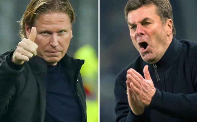 Die Teams von HSV-Trainer Markus Gisdol (l) und Gladbach-Coach Dieter Hecking treffen aufeinander. Foto: C. Charisius/B. Thissen
