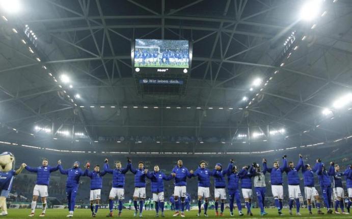 Die Spieler des FC Schalke 04 feiern das 1:0 gegen den VfL Wolfsburg. Foto: Ina Fassbender