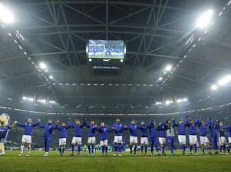 Die Spieler des FC Schalke 04 feiern das 1:0 gegen den VfL Wolfsburg. Foto: Ina Fassbender Die Spieler des FC Schalke 04 feiern das 1:0 gegen den VfL Wolfsburg. Foto: Ina Fassbender