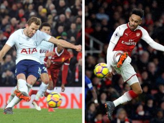 Harry Kane (l.) von Tottenham Hotspur trifft auf den FC Arsenal mit dem Ex-Dortmunder Pierre-Emerick Aubameyang. Foto: Rui Vieira/AP/