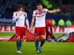 Die HSV-Spieler Gotoku Sakai (l) und Kyriakos Papadopoulos (r) diskutieren nach der Niederlage gegen Leverkusen. Foto: Christian Charisius