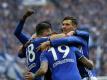 Schalkes Daniel Caligiuri (l-r), Torschütze Guido Burgstaller und Leon Goretzka bejubeln das Tor zum 2:0. Foto: Ina Fassbender